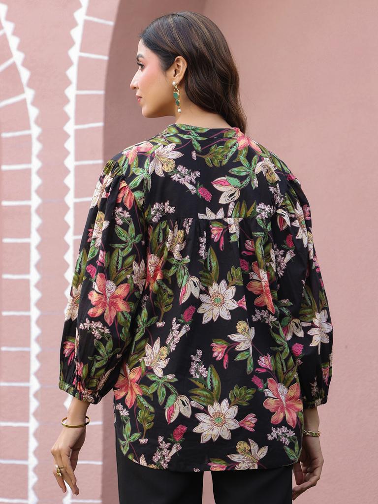 Black Floral Print Mandarin Collar Cotton Top
