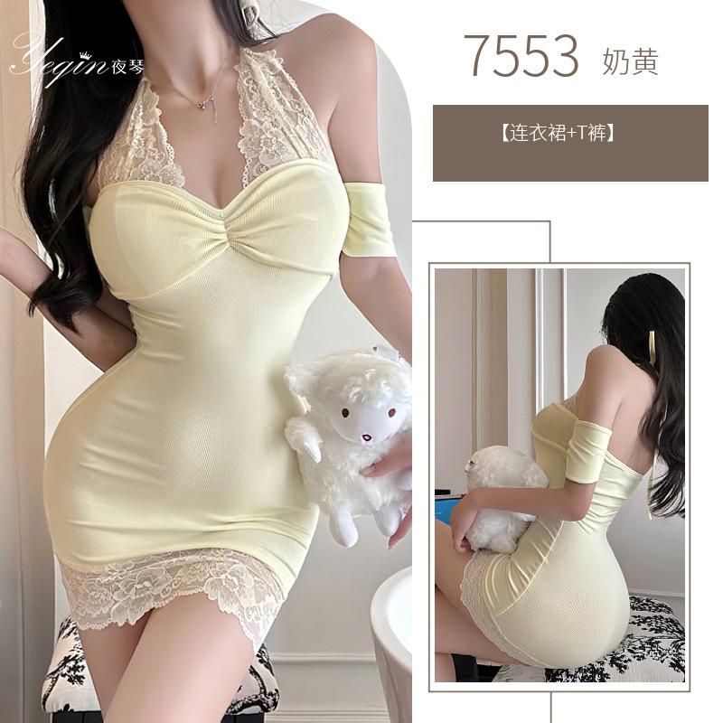 Mesh Lace Blue Tank Mini Dress T Shirt Fahsion Women Tops 2025 New Sexy Pure Desire Halter Nightdress Uniform Dress Elegant CAG4