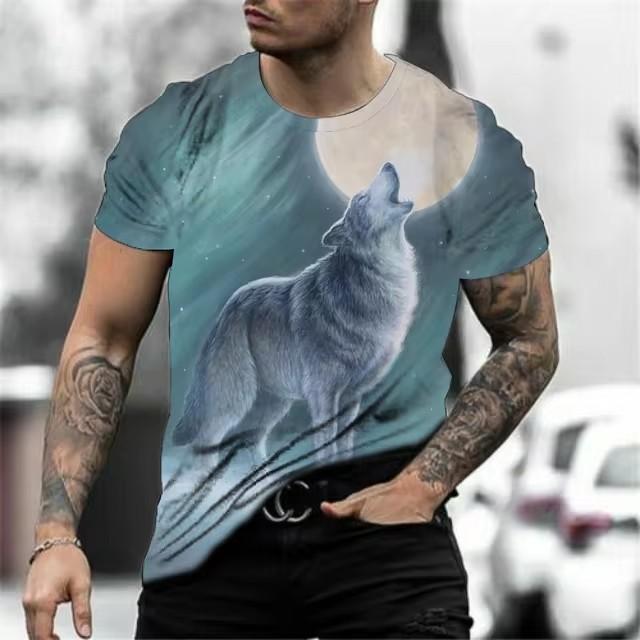 Summer Round Neck 3D Wolf Print Top Fashionable Casual Short Sleeved Men's T-shirts
