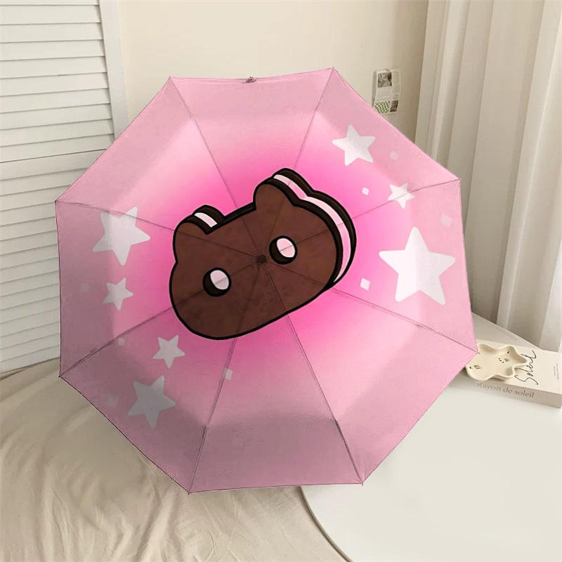 1pc Cookie Cat Automatic Folding Umbrella 8 Rib Iron Frame, Compact Portable Umbrella Suitable for Travel, Daily Use, Birthday, Women & Men Gift 035