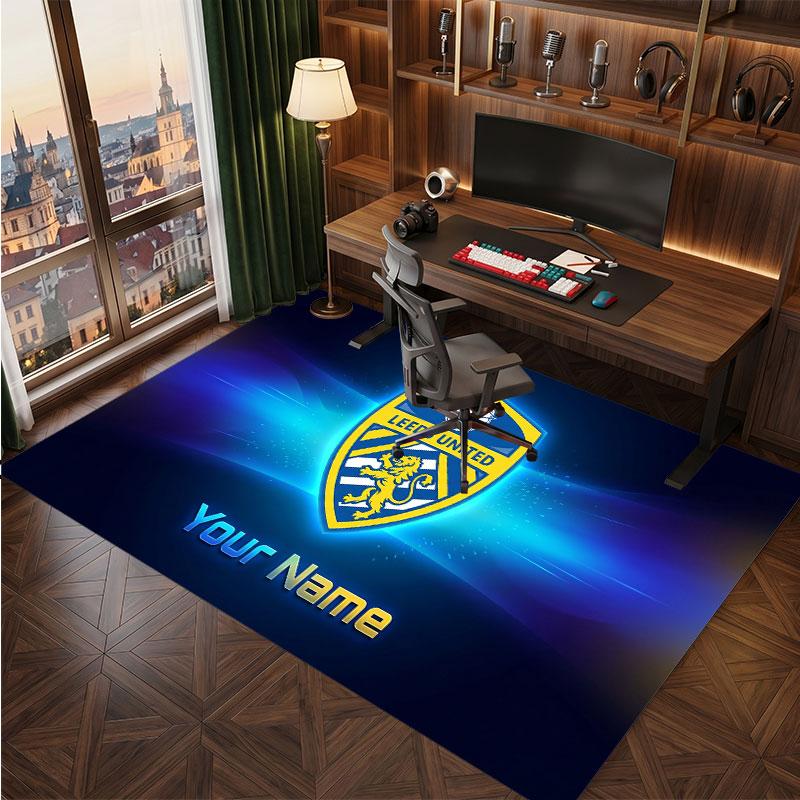 Leeds United Custom Crystal Velvet Rug, Personalized Name Text Print, Football Logo Soft Non‑Slip Floor Mat Home Decor Gift