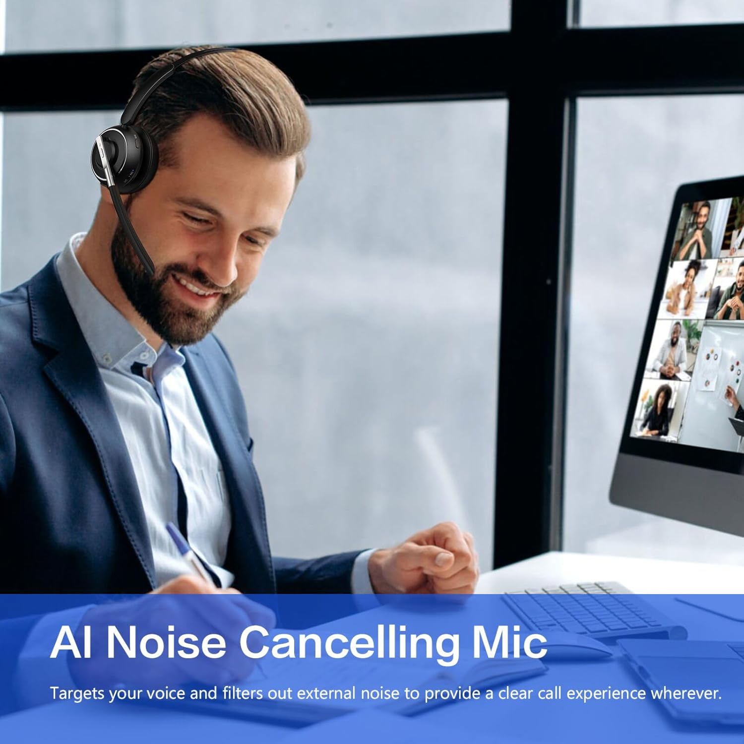 

Bluetooth-гарнитура, Беспроводная гарнитура с микрофоном для ПК, V5.2 Компьютерная гарнитура с микрофоном с шумоподавлением, USB-донгл, Зарядная база и Кнопка отключения звука