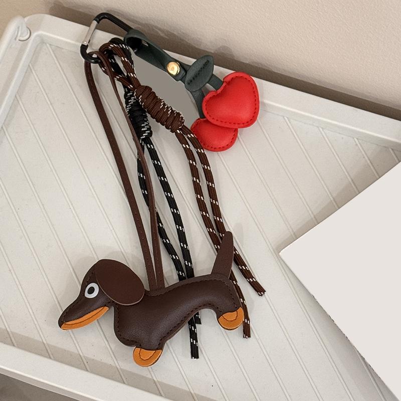 

Yogodlns PU Leather Dachshund Handbag Pendant Cute Dog Heart Cherry Puppy Bag Pendant Accessories for Handbag one size кофейный