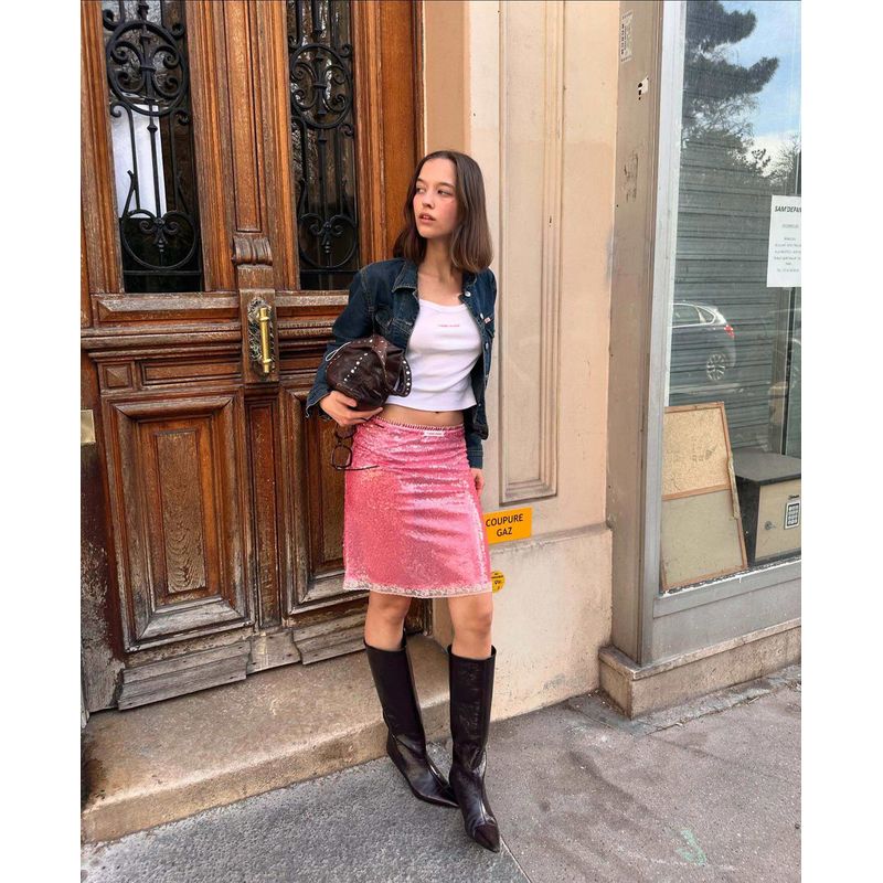 Trendy European and American Style Metallic Sequin Heavy Lace Beaded A-Line Skirt for Fashionable Wear Pink S