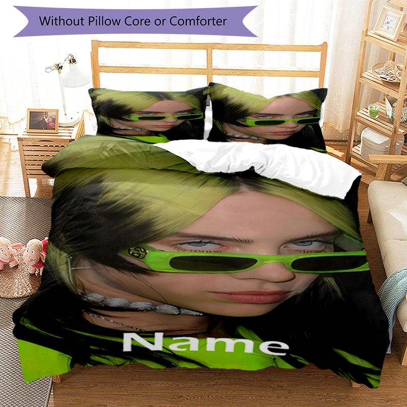 3pcs Custom Name Billie Eilish Bedding Set Duvet Cover Closure Includes 1 Duvet Cover & 2 Pillowcases, Soft and Comfortable for All Seasons.