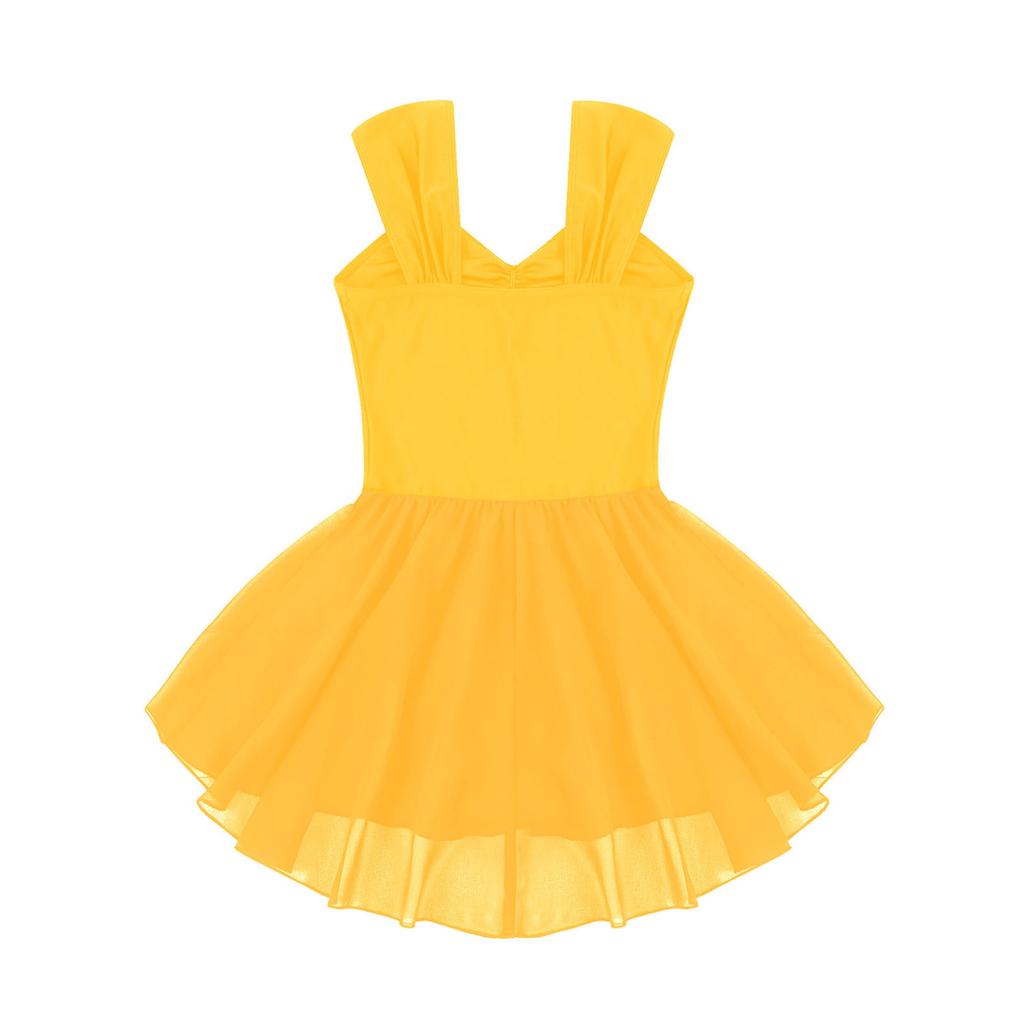 Child Girls Gymnastics Leotards with Tutu Skirt V Neck Sleeveless Dance Dress Ballerina Dancewear Ballroom Costume