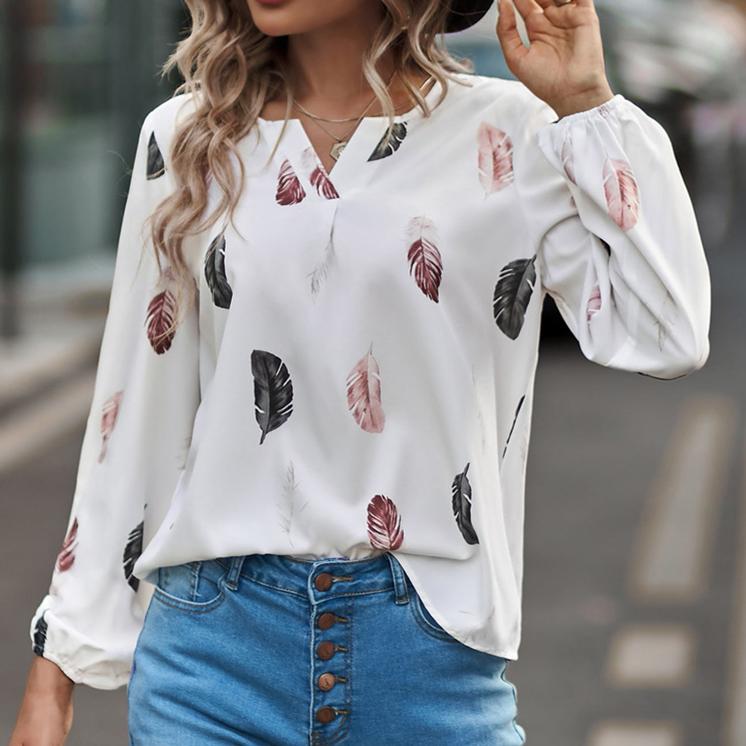YYFS Women's Fashion Casual Spring Autumn Feather Print Long Sleeve V-Neck Blouses & Shirts