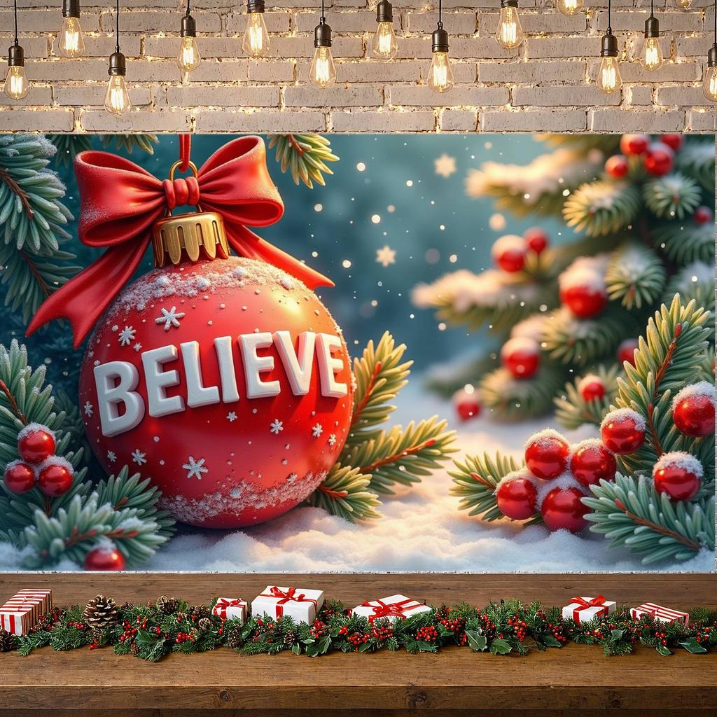 Christmas Theme Display Holiday Decorative BELIEVE Banner Christmas Ornament Display Frosted Finish Holiday Backdrop For Winter