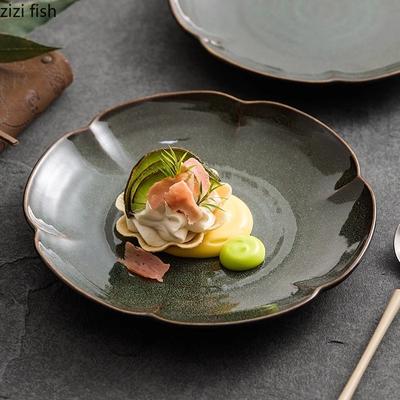 Kiln Changes Olive Green Flower Shaped Plate Ceramic Dessert Plate Sushi Plates Snack Plates Molecular Cuisine Tableware