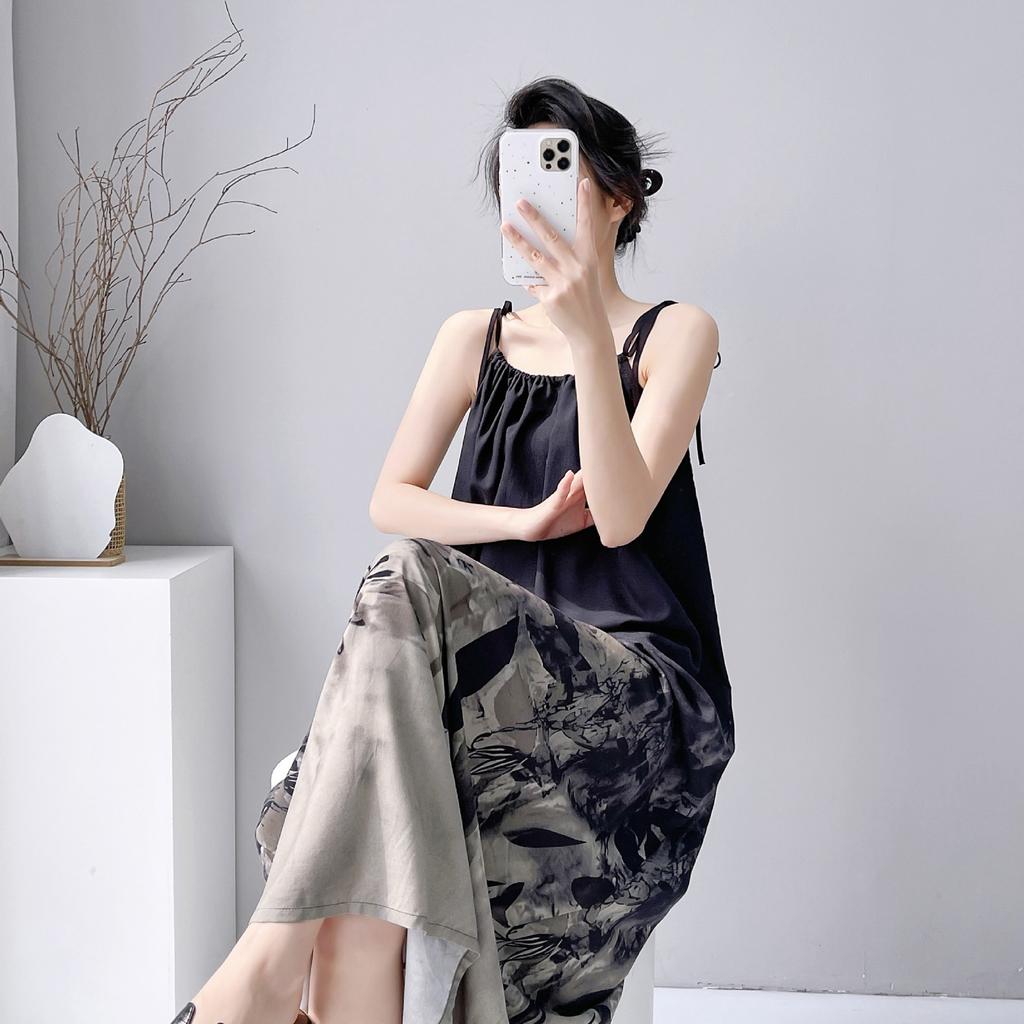 Cotton silk summer bohemian print suspender dress women's ethnic style retro loose medium and long vacation dress