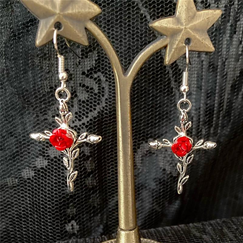 Victorian Gothic Rose Cross Earrings - Silver Gothic Jewelry
