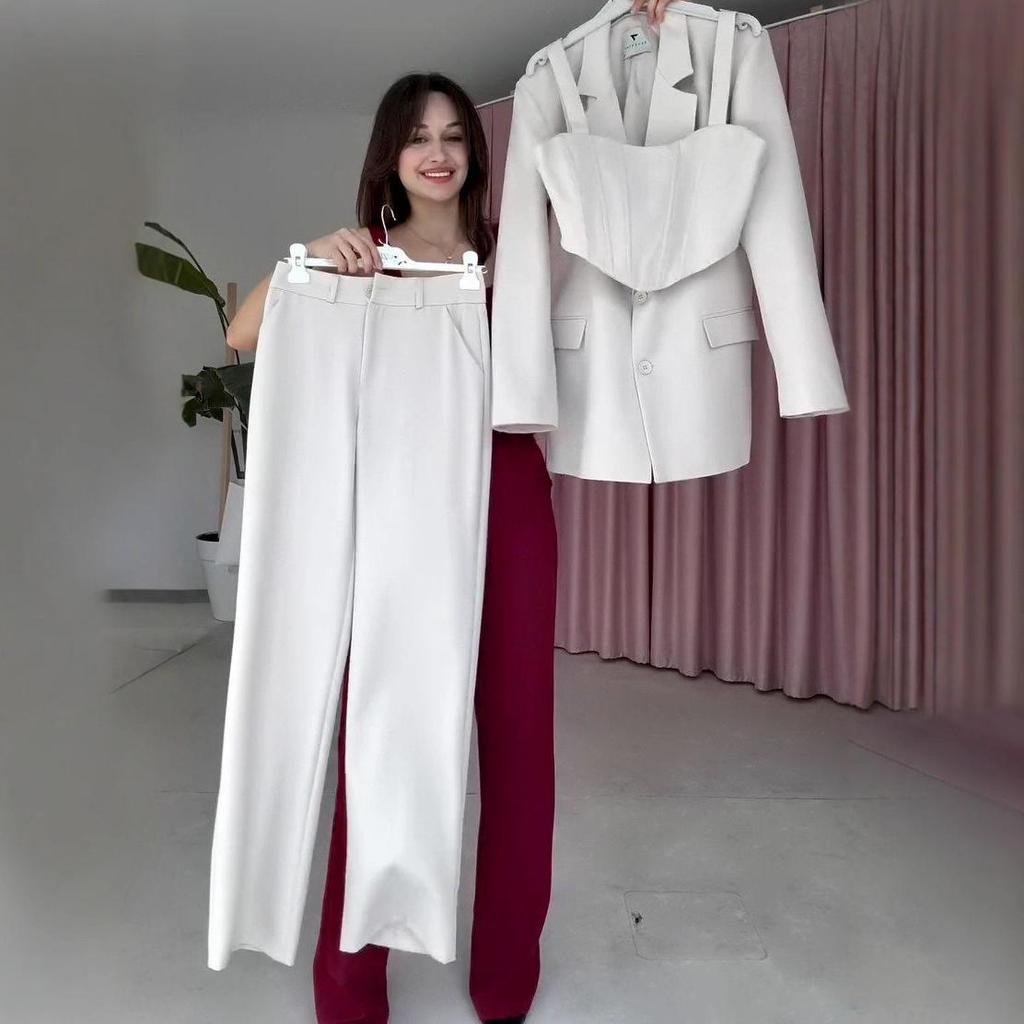 2025 Autumn Women's European and American Commuting Camisole Top, Long Sleeve Suit Jacket, and Straight Leg Pants Set