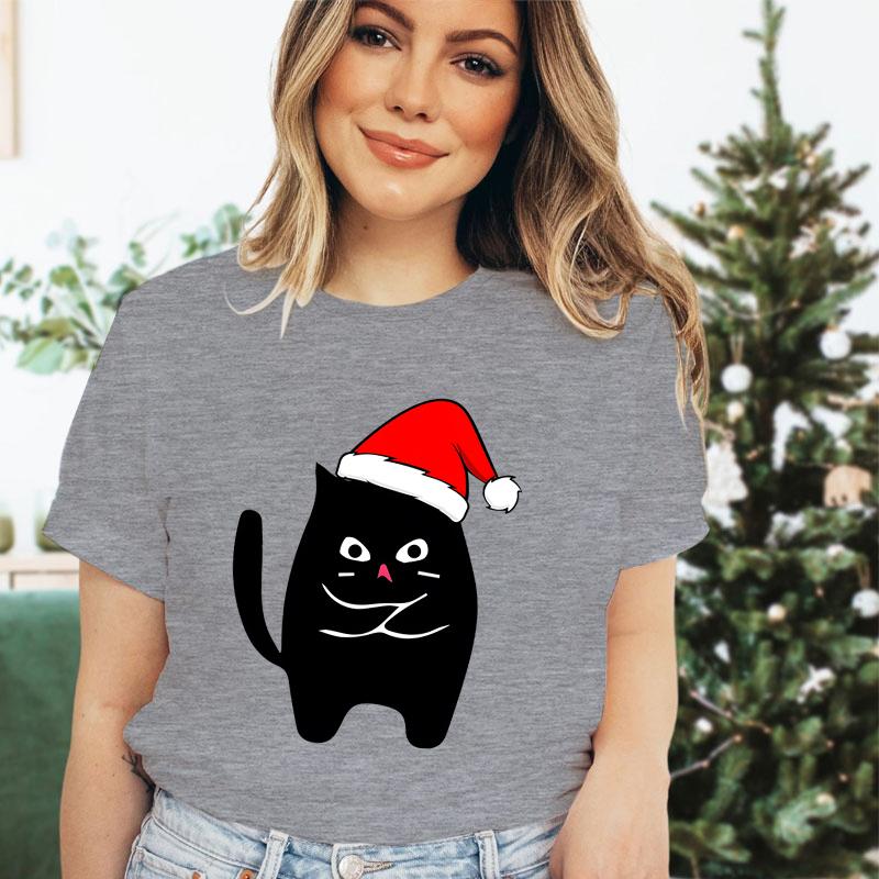 Christmas Black Santa Cat Trend Style Short Sleeve Tshirt Womens Christmas Gift Cute Animals Lovers Cartoon Classic Tshirts