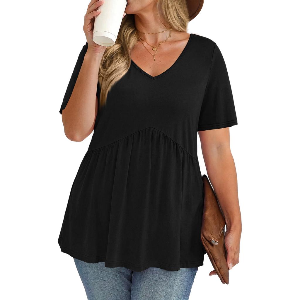 Women's Plus Size Fashionable Casual Loose-Fit V-Neck Short-Sleeve Top