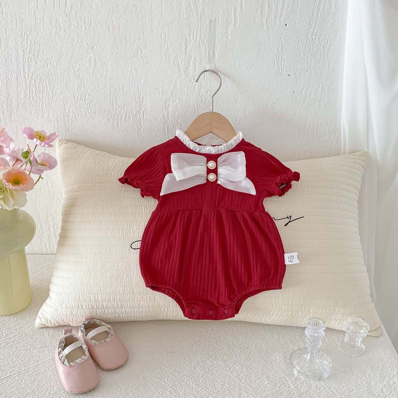 

New Summer Clothing for Baby Girls, Palace-Style Sweet Bow-Knot Romper, Short-Sleeved Lace One-Piece Romper for Infants and Toddlers Red 80