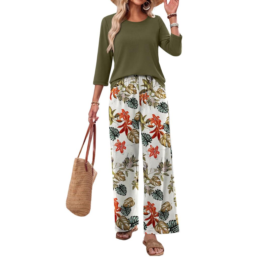 Women Casual Loose Fit Printed Three Quarter Sleeve Round Neck Top with Wide Leg Pants Two Piece Set Comfortable Relaxed Fit