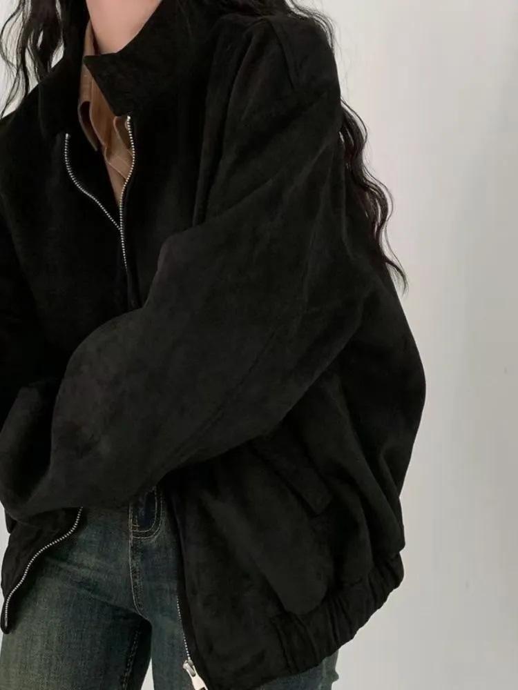 Women's Retro Faux Suede Jacket - Slim Fit, Loose, Short Top for Spring & Autumn