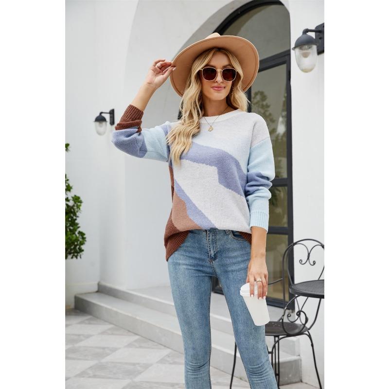 Autumn and Winter Women's Sweater Round Neck Multicolor Splicing Knit Sweater Women Pullover Sweater