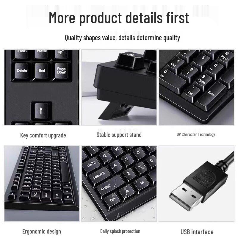 Black USB Wired Keyboard and Silent Mouse Set for Office or Gaming