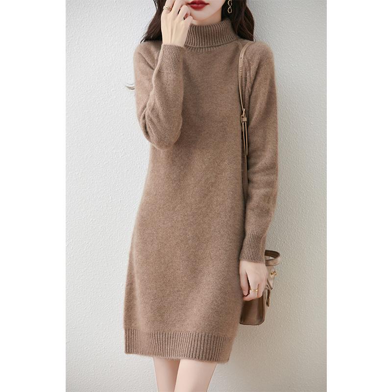 Damen Verdicktes Woll-Rollkragenkleid - Mittellang, Lockere Passform, Überschnittene Schulter, Herbst-/Winter-Stil