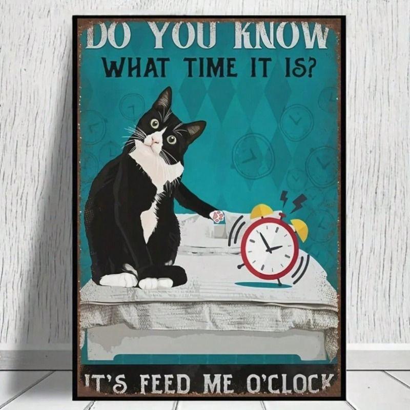 Metal Wall Art Funny Cat Eating Clock Kitchen Decor