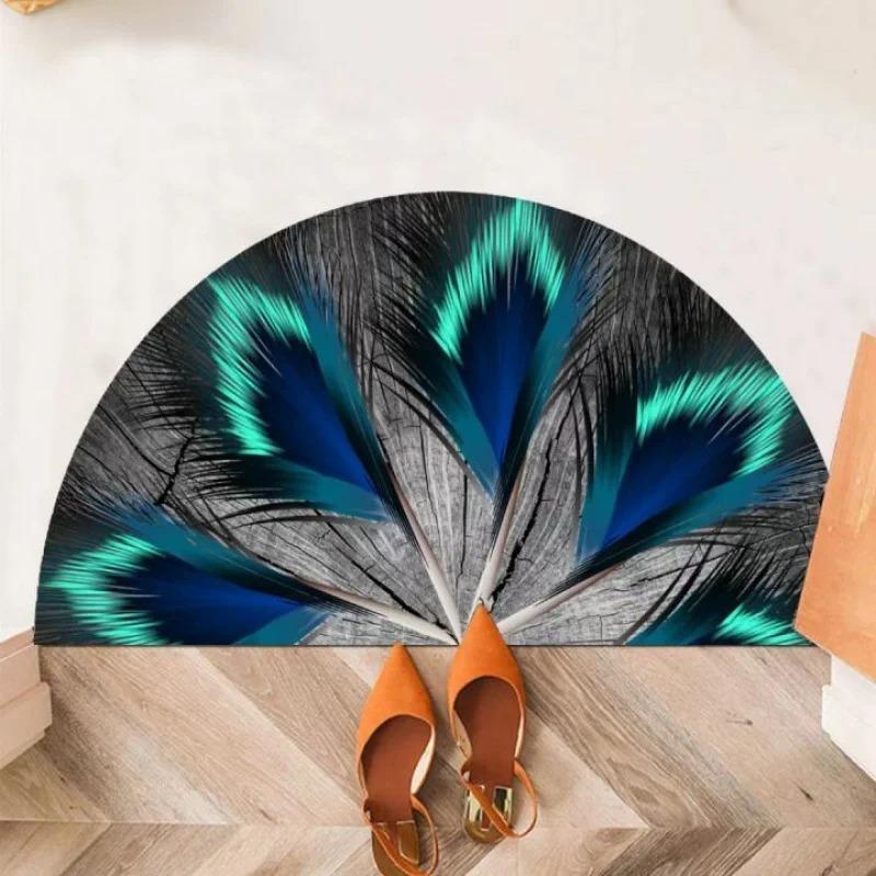 Half Round Doormat Peacock Feather Printed Felt Area Rug Semicircle Entrance Welcome Carpet Non Slip Home Floor Mat