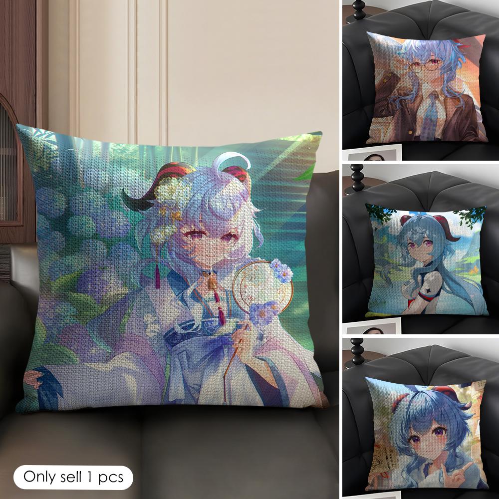 Ganyu Genshin Impact Cushion Cover Natural Linen Organic Fabric DoubleSided Printing Sofa Home Decor Gift Pillow Case