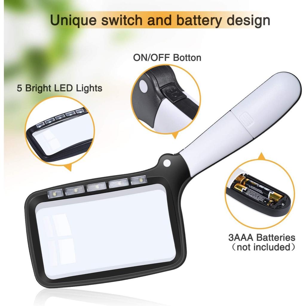 Kaome Rectangular Magnifying Glass with Light Magnifier Large Foldable Handheld 5 LED, 2 Dimming Modes, 2X Magnifying Reading for Seniors Low Vision