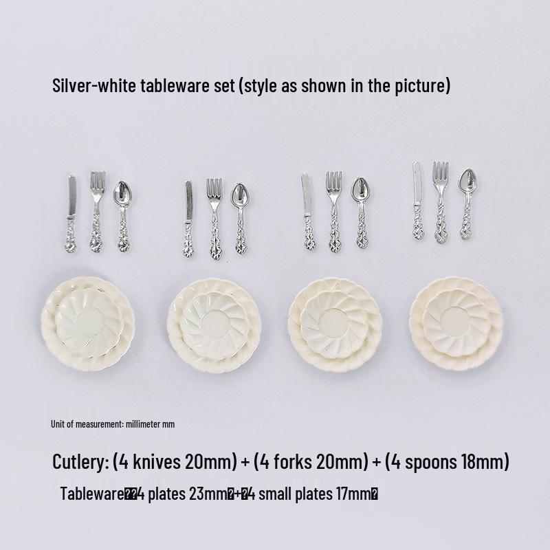 Miniature Dollhouse DIY Model Cake Set: Alloy Plate, Knife, Fork & Spoon Props