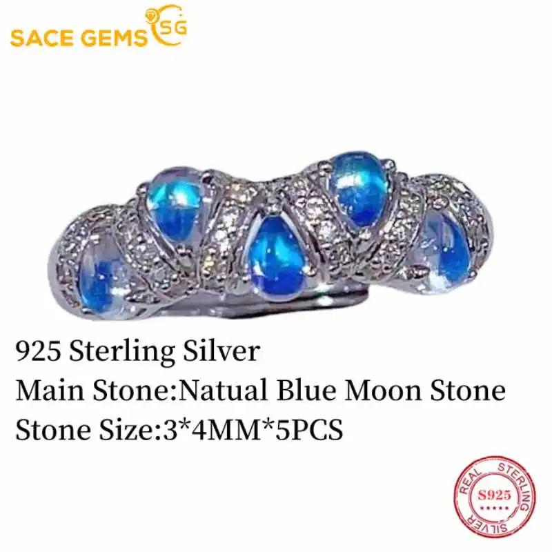 SACE GEMS 925 Sterling Silver 3*4MM Natual Blue Moon Stone Rings for Women Engagement Cocktail Party Fine Jewelry Gift