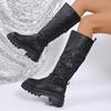 Stivali da Cavaliere con Plateau Autunno 2026 Nuovi Punta Tonda Fibbia Alta Allacciatura Tacco Chunky Stivali da Cowboy Western