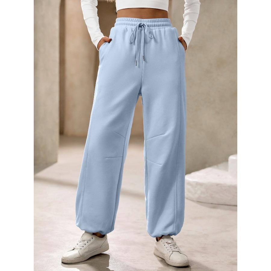 Autumn Winter Pocket Trousers Women's Sports Pants Casual Elastic Waist Solid Long Pants & Capris