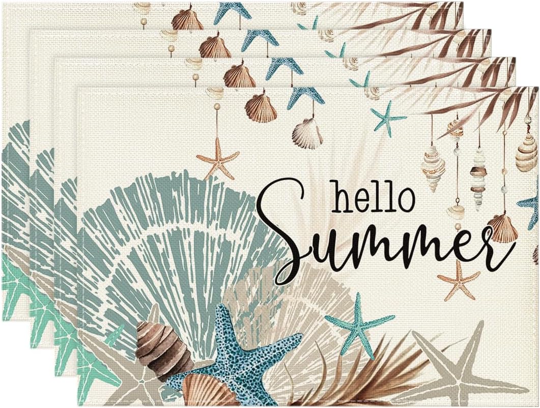 

Sunshine Starfish Shell Summer Placemats Set of 4, 12x18 Inch Seasonal Spring Holiday Table Mats for Party Kitchen Dining Decoration 4pcs-12x18