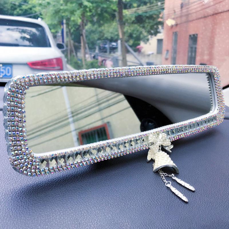 Pink Rhinestone Car Interior Rearview Mirror Cute Butterfly Wind Chimes Ornament Decorative Cover Rear Mirror Accessories Women