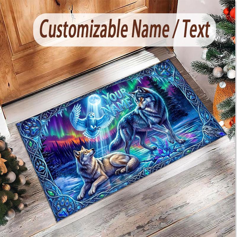 Wolf Theme Soft Crystal Velvet Rug Custom Name & Text Print Non Slip Floor Rug for Bedroom Living Room