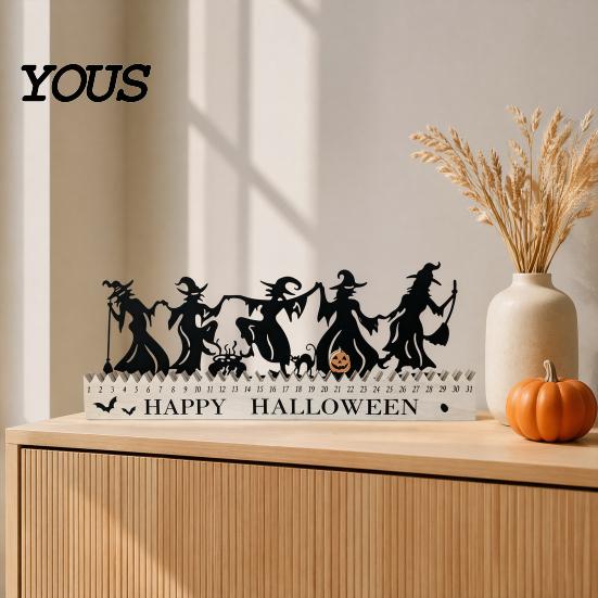 Spooky Home Decor Halloween Wooden Countdown Calendar, Dancing Witch 31 Day Timer with Party Supplies Sliding Pumpkin, Silhouette Tabletop for
