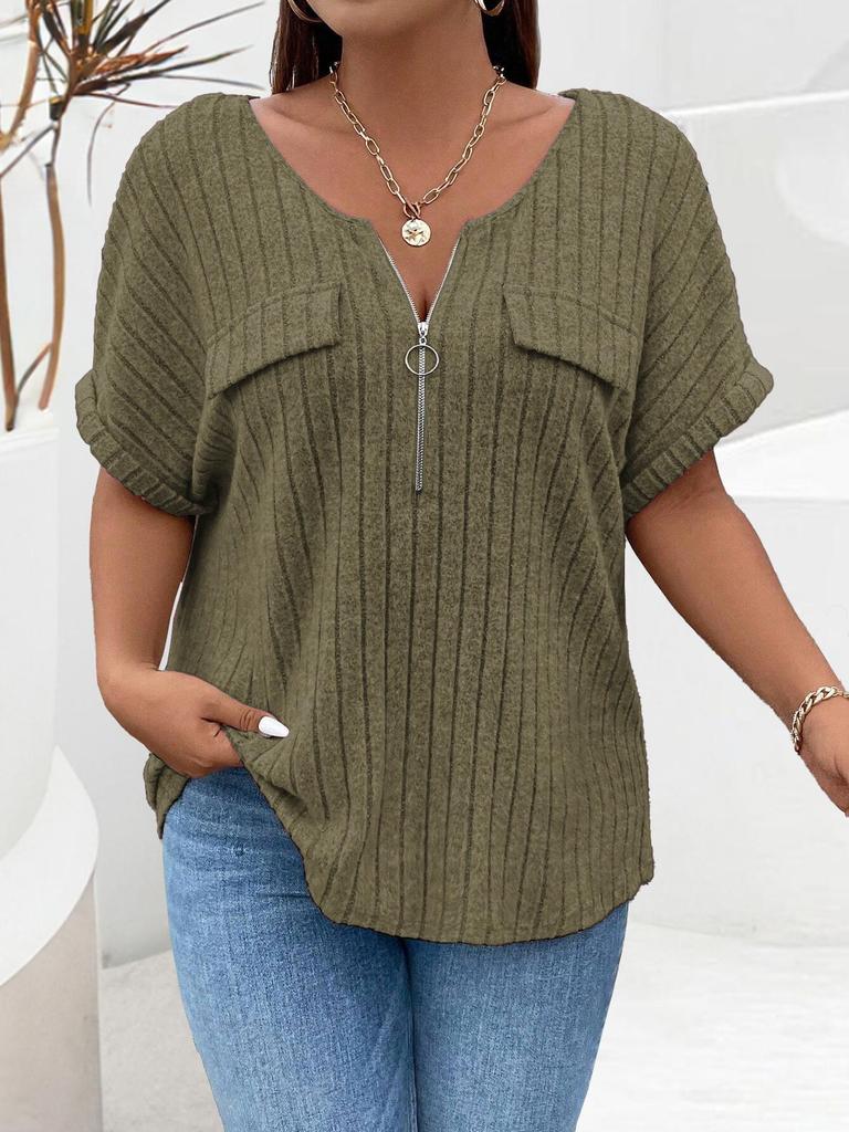 2025 Spring/Summer Plus Size Women's Solid Color Zipper Short Sleeve Loose Pullover Top