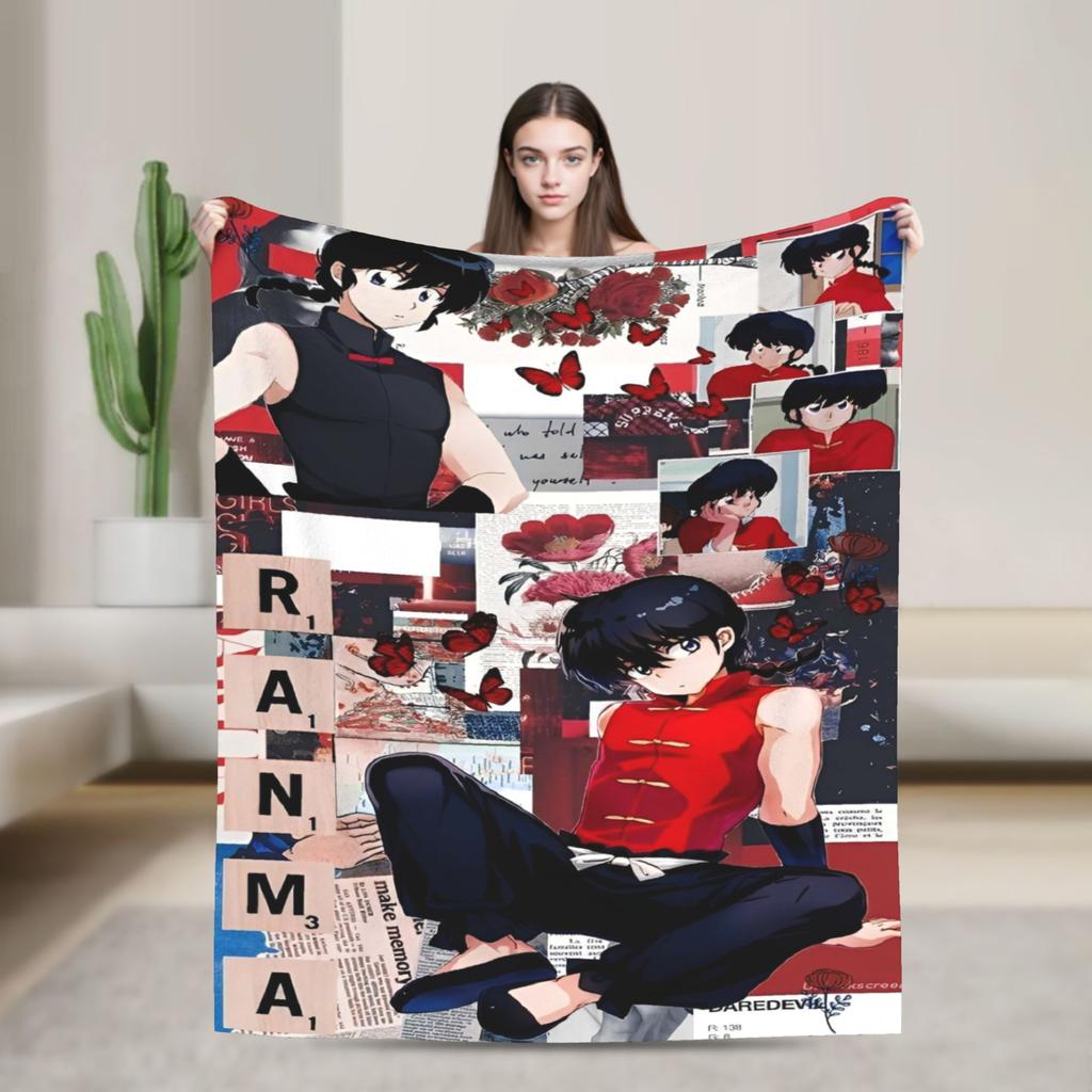 Ranma Saotom Anime Knitted Blankets Coral Fleece Plush Super Warm Throw Blankets for Bedroom Sofa Bed Rug