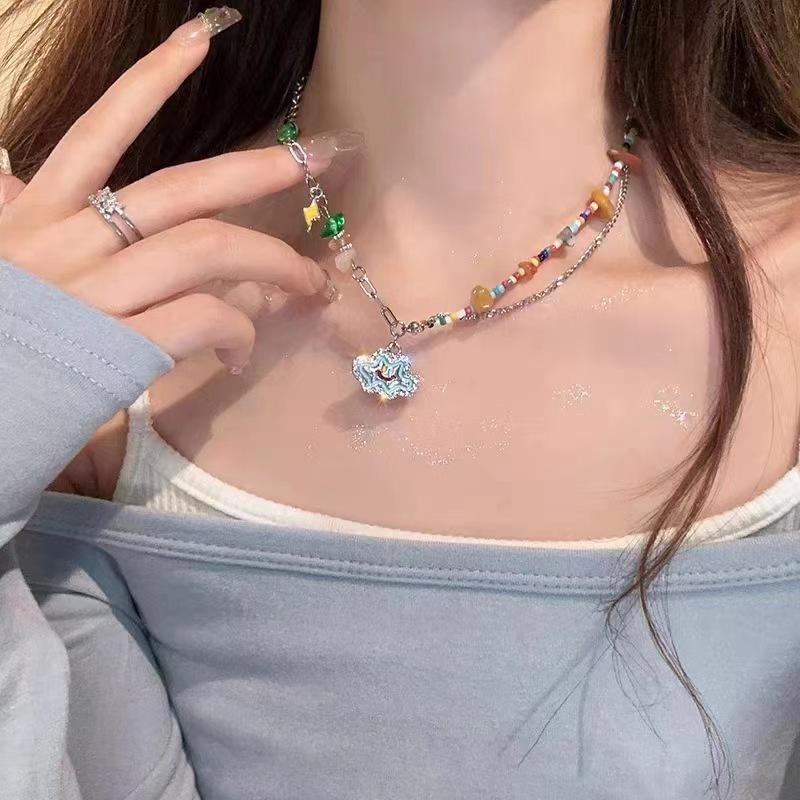 2024 New Sweet Cool Wind Colorful Stone Love Drop Glaze Necklace Women's Summer Niche Design Internet Celebrity Babes Collarbone Chain