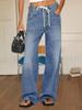 Damen High Waist Baggy Weite Beine Jeans Kordelzug Boyfriend Denim Hose
