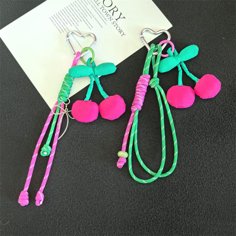 Fabric Cherry Detachable Heart-Shaped Beaded Keychain Mobile Phone Chain Anti-Loss Lanyard