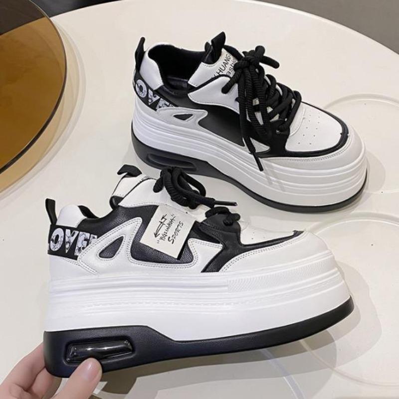 Chunky Leather Women Casual Shoes White Black 8CM High Platform Wedge Heels Sneakers Female Women Spring Autumn Skateboard Shoes