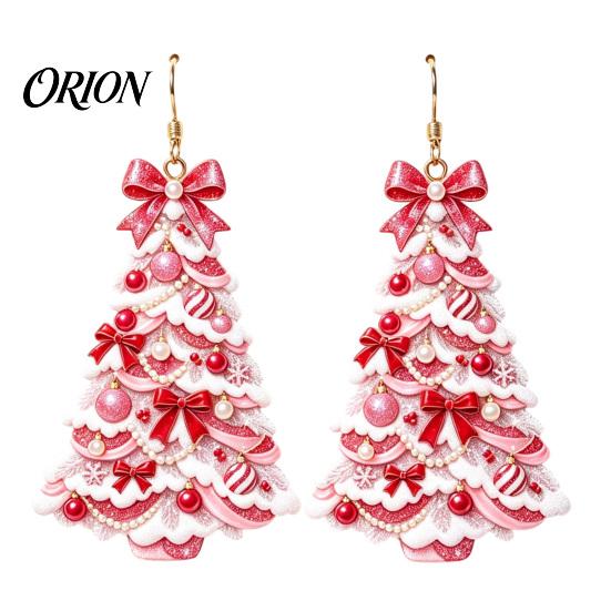 Decorative Holiday Earrings Christmas 2D Acrylic Earrings, Colorful Tree Dangle with Bow Party Jewelry Decor, Lightweight Drop Jewelry, Decorations