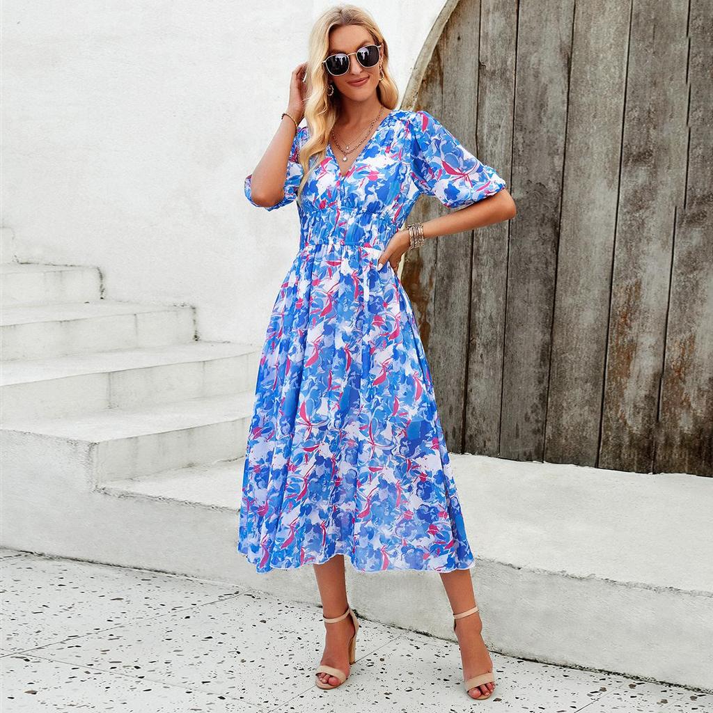Feminino outono inverno manga curta flor impressão com decote em v casual a linha tornozelo comprimento vestido de cintura alta