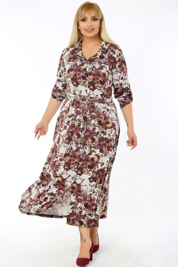 Damen Übergröße Kleid Langarm Gürtel Blümchenmuster Schlitz Hemdkleid