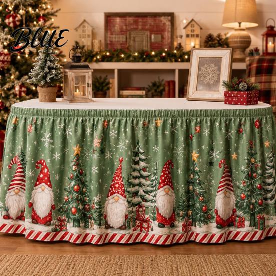 Elastic Edge Table Skirt Christmas Skirt Santa Claus Elk Prints Edge Dining Decor Xmas Party Decorations Elf Tree Festive for Home Holiday