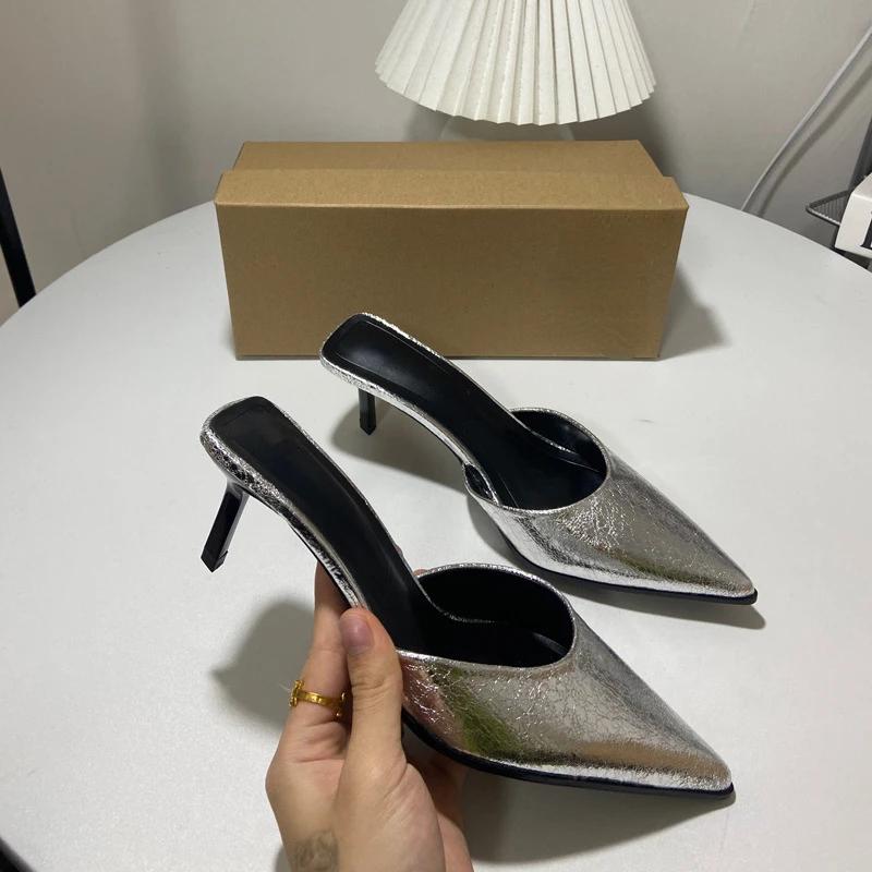 

Модные повседневные женские сандалии Модные сандалии с острым носком и невысоким каблуком Женские мюли большого размера Летние туфли-стилеты для вечеринки Платье Сандалии 37 серебряный