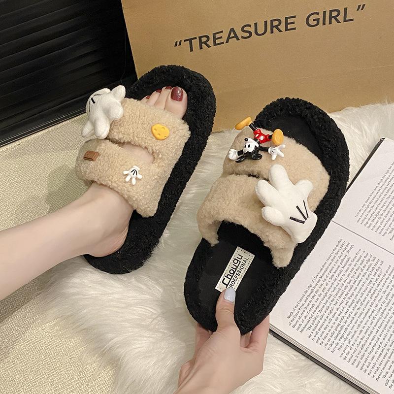 Fashion Soft and Cute One-word Fluffy Shoes for Women To Wear Outside 2025 Autumn and Winter New Thick-soled Cotton Slippers Cotton Slippers