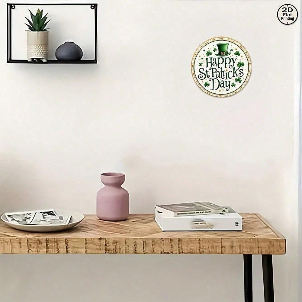 St Patricks Day Green Clover Hat Metal Sign Round Wall Art Indoor Outdoor Garden Patio Decor