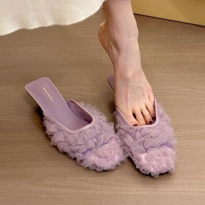 Fashion 2025 Summer Hot Sale Women’s Closed Toe Slippers Pleated Square Toe Thin Heels Sandals for Outdoor Fashion Daily Dress Slippers
